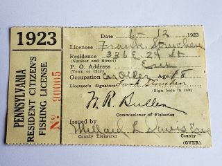 1923 Pa Pennsylvania Fishing License Resident Button Pin & Paper Vtg 1st Year 9