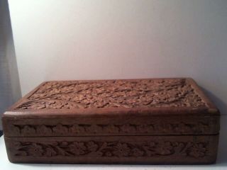 Vintage Hand Carved Wood Trinket Jewelry Box Hinged - Folk Art Primitive Flowers