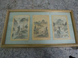 Three Asian Style Paintings On Silk Mounted On Cards And Framed