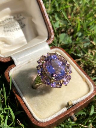 Vintage Large Round Amethyst Cluster Dress Ring Yellow Gold High Set Fancy