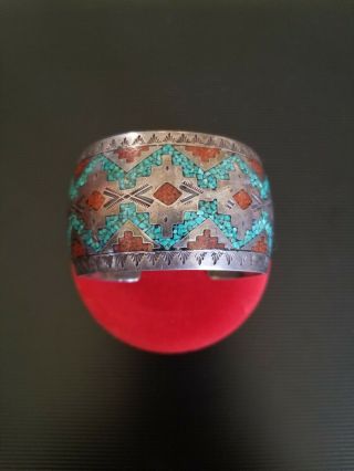 Vtg Native American Navajo Turquoise & Coral Wide Sterling Silver Cuff Bracelet 2