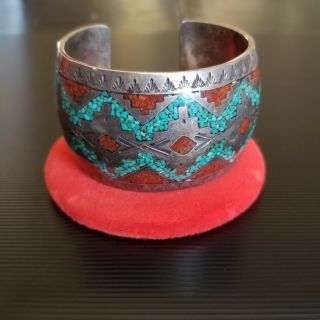 Vtg Native American Navajo Turquoise & Coral Wide Sterling Silver Cuff Bracelet 3