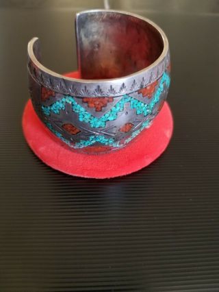 Vtg Native American Navajo Turquoise & Coral Wide Sterling Silver Cuff Bracelet 6