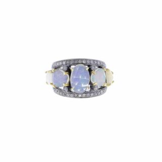 Vintage Style Opal Gemstone Pave Diamond And Gold Accent Ring