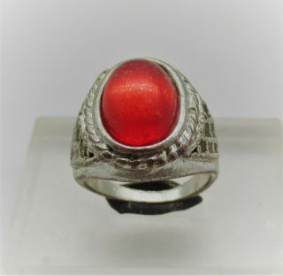 Circa 1702 - 1714 Ad Queen Anne Period Silvered Ring With Red Gem