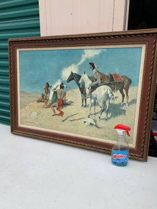 Large Fredrick Remington Art Painting On Canvas Cowboys Indians On Horses.