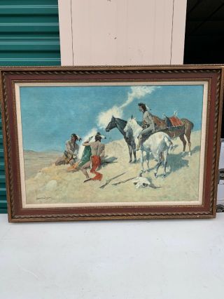 Large Fredrick remington Art Painting On Canvas Cowboys Indians On Horses. 2