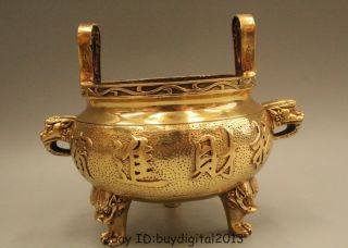 6 " Chinese Brass Lion Foo Dog Money Drawing Incense Burner Censer Statue