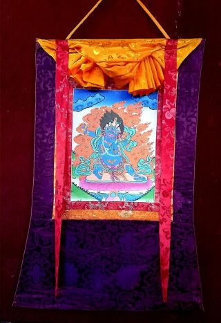 Handpainted Tibetan Mahakala Buddhism Thangka Painting & Brocade Dharma