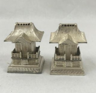 Salt And Pepper Set.  Japanese 950 Silver.  Pagoda Shaped.  Early 20th Century