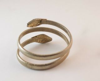 RARE Vintage Double Headed Coiled Silvertone Snake Bracelet 2