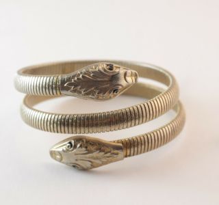 RARE Vintage Double Headed Coiled Silvertone Snake Bracelet 3