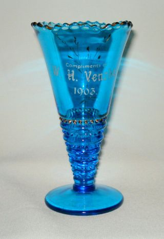 Vintage Antique 1903 Sapphire Blue Colored Glass Vase Promotional Souvenir Gift