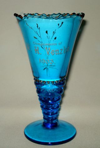 VINTAGE ANTIQUE 1903 SAPPHIRE BLUE COLORED GLASS VASE PROMOTIONAL SOUVENIR GIFT 5