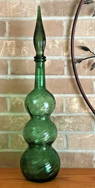 Vintage Empoli Italian Art Glass Green 22.  5 " Three Barrel Genie Bottle Decanter