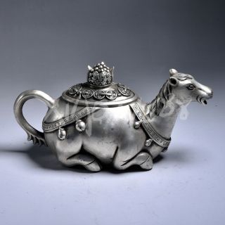 China Very Fine Tibetan Silver Hand Carved Horse Statue Teapot
