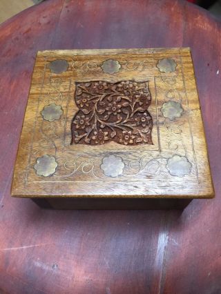 Archana Crafts India Vintage Wood Box With Inlaid Brass Design Stash Jewelry Box