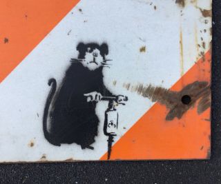 BANKSY “Jackhammer Rat” Stencil on Metal Street Art Road Sign 2009 RARE 2