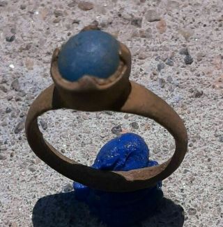 Antique Ancient Bronze Ring With Blue Stone
