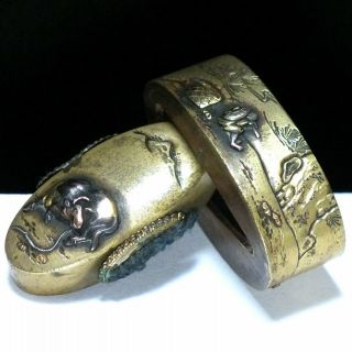 156 Japanese Samurai Edo Antique Nōfu Ni Ushi Zu Pair Fuchi Kashira.