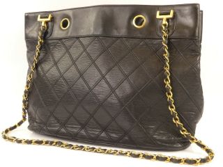 Rk1276 Auth Chanel Vintage Black Quilted Lambskin Double Chain Shopper Tote Bag