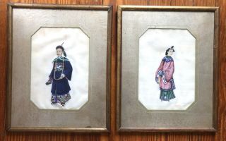 2 Fine Antique Chinese 19th Century Pith Rice Paper Paintings Framed