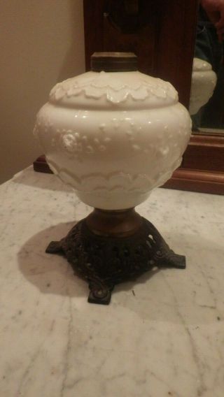 Antique Milk Glass Oil Lamp With Cast Iron And Brass Base