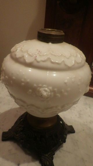 Antique Milk Glass Oil Lamp With Cast Iron and Brass Base 2