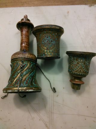 19th C.  Qajar Persian Hookah Parts W/ Turquoise & Garnet Beads & Silver Chains