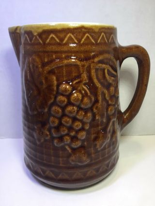 Vintage Antique Crock Stoneware Pitcher Brown With Grapes 8 " Small Cracks Reduce