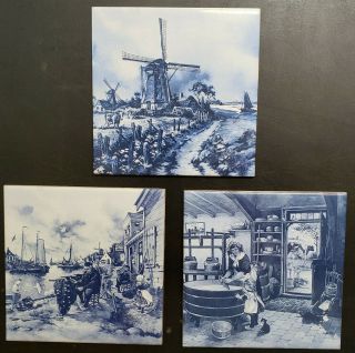 Vintage Delft Blue Dutch Tile Set Of 3 By Ter Steege Made In Holland