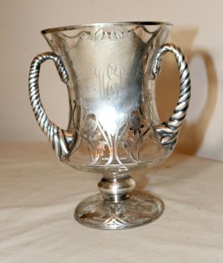 Antique Ornate Hand Chased Sterling Silver Overlay Glass Trophy Urn Style Vase