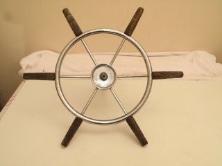 VTG 6 - Spoke SS CHROME & Teak Boat Steering Wheel - Chris Craft RESTORE W SHAFT 2