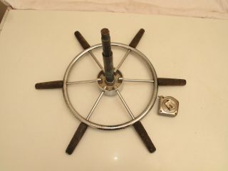 VTG 6 - Spoke SS CHROME & Teak Boat Steering Wheel - Chris Craft RESTORE W SHAFT 8