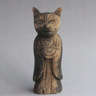 1800s Antique Japanese Wooden Carving Cat Buddha Statue Edo Meiji