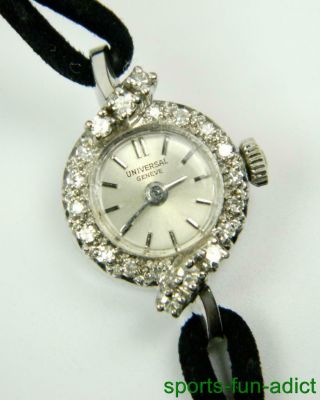 0.  20ct Diamond Universal Geneve 14k White Gold Mechanical Wrist Watch Vintage