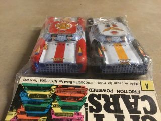 2 Vintage Tin Toy Friction Cars Police & Fire Chief 3