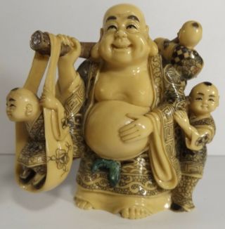 Antique Beatific Buddha With Kids Colored Japanese Exquisitely Hand Carved Sign