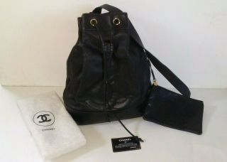 Authentic Caviar Leather Chanel Black Vintage Cc Drawstring Backpack