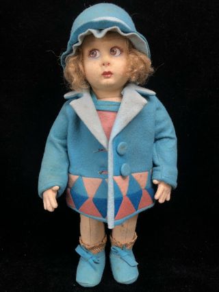 Vintage Lenci 300 Series Doll 1930s Girl In Blue Felt Jointed Clothing Italy Art
