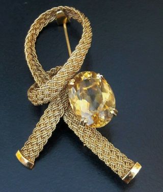 18k Gold Bow Brooch,  14 Grams Yg,  12 Carat Citrine Stone,  Appraised $2600 Vintage