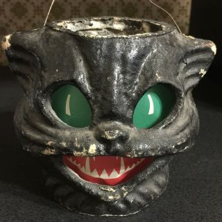 Vintage Halloween Paper Mache Pulp Black Cat Jack O Lantern W/insert 1940 