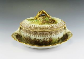 Antique 1889 Royal Worcester Vitreous Porcelain Hunting Game Sauce/gravy Tureen