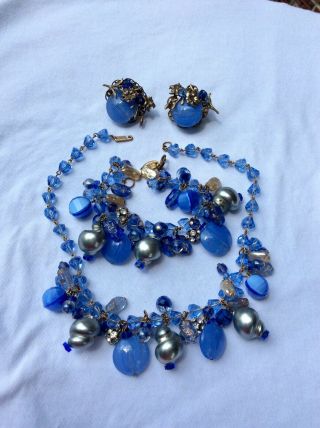 Vintage Miriam Haskell Blue Art Glass Bead Necklace,  Bracelet & Earrings Parure