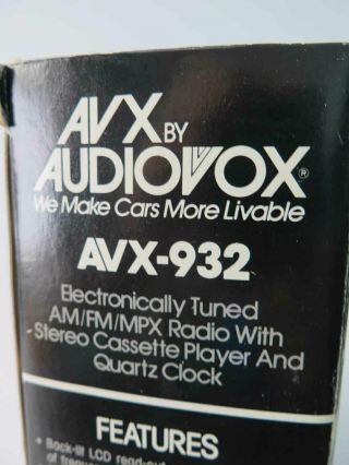 Vintage AUDIOVOX AV - 932 Car AM/FM Stereo Cassette Player Radio 4