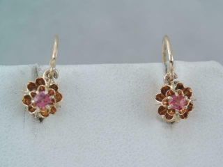 Antique Victorian Solid 14k Gold European Cut Pink Ruby Tourmaline Earrings