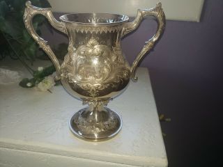 Antique 1874 Two Handled Silver Trophy Cup Very Ornate Hand Engraved