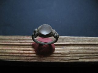 Ancient Celtic Bronze Finger Ring With White And Blue Glass Stone 1 - 2 Ct.  Ad