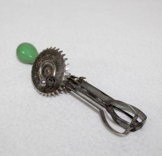 Vintage Metal Child’s “a&j Egg Beater Hand Mixer” Green Wood Handle