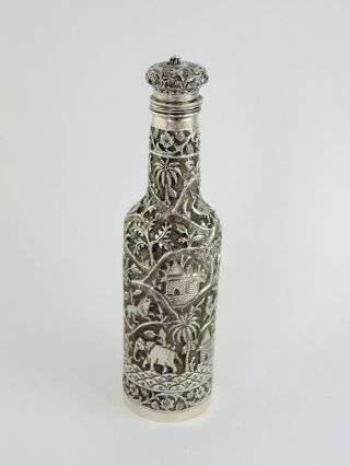 Rare & Unusual Elephant Embossed Indian Silver Bottle,  C.  1890 18cm Tall 131g